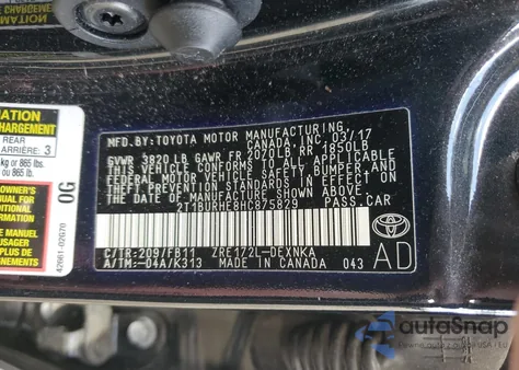 2017 Toyota Corolla L из США, поврежденный, VIN 2T1BURHE8HC875829